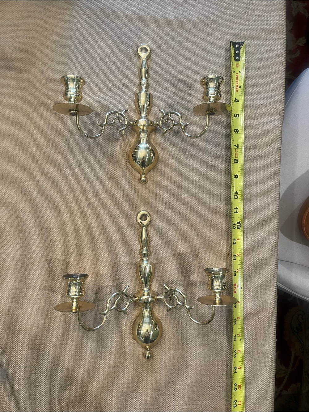 Polished Brass Double-Arm Candle Wall Sconces Pair